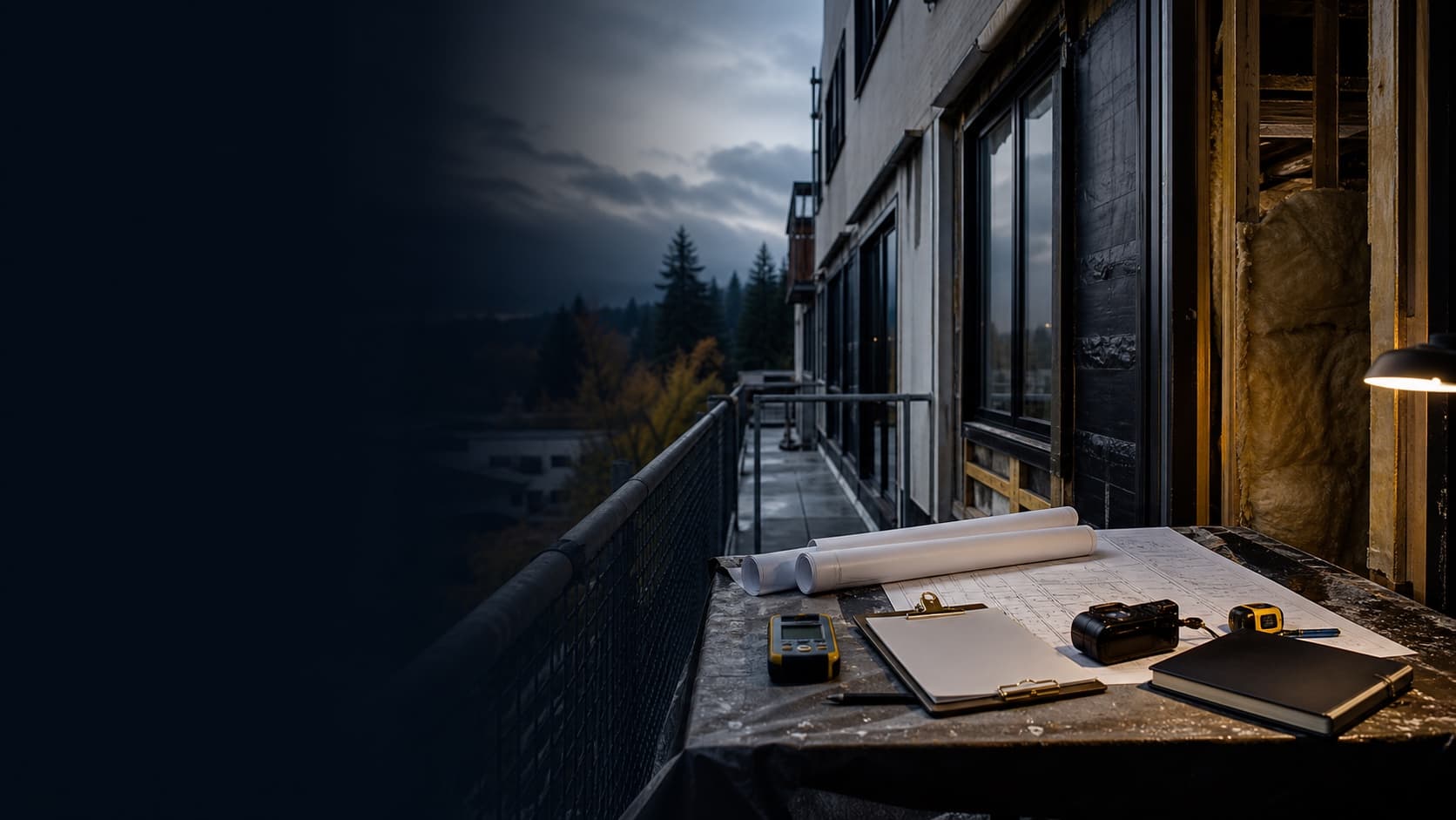 Construction plans and inspection tools at a building-envelope field review
