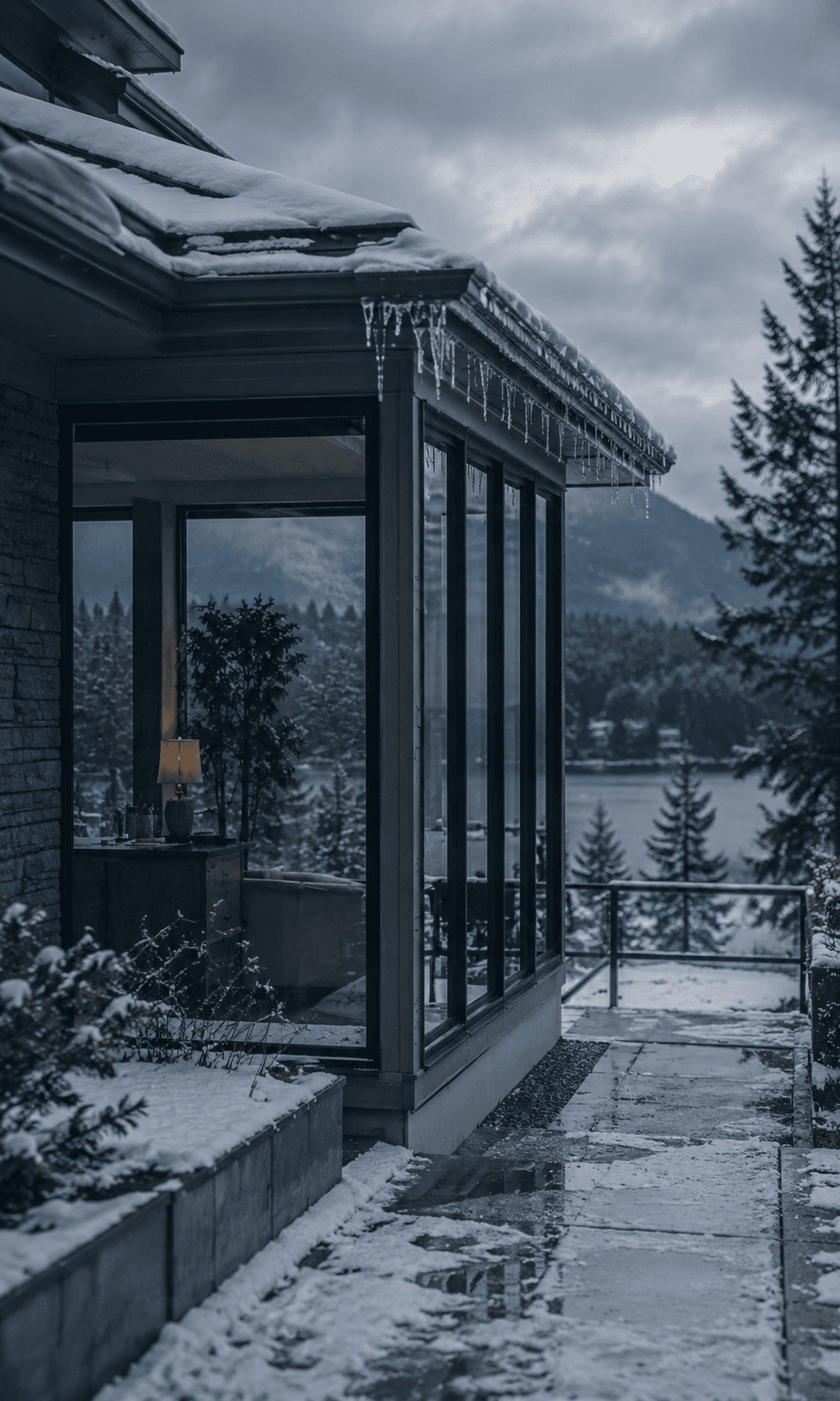 Snow-covered home exterior with icicles after winter weather loss