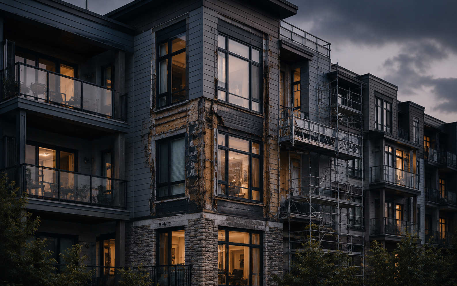 Condo building exterior undergoing envelope repair